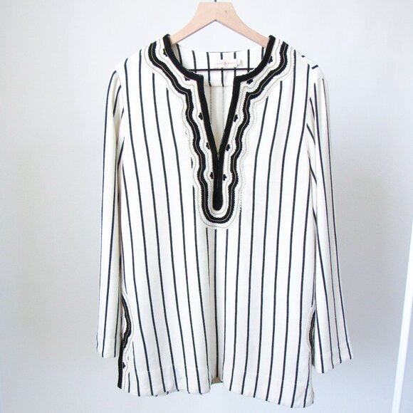 TORY BURCH ‘Filipa’ Black & White Striped Kaftan Linen Tunic Top/12 ~MSRP $348~ - Picture 16 of 17